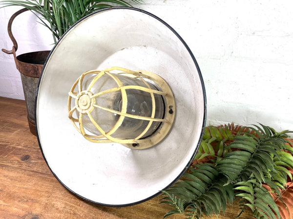 Vintage Hungarian Industrial Enamel Caged Ceiling Pendant Light