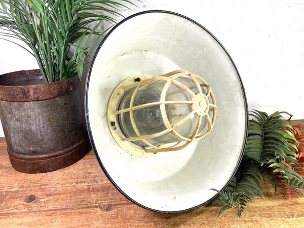 Vintage Hungarian Industrial Enamel Caged Ceiling Pendant Light