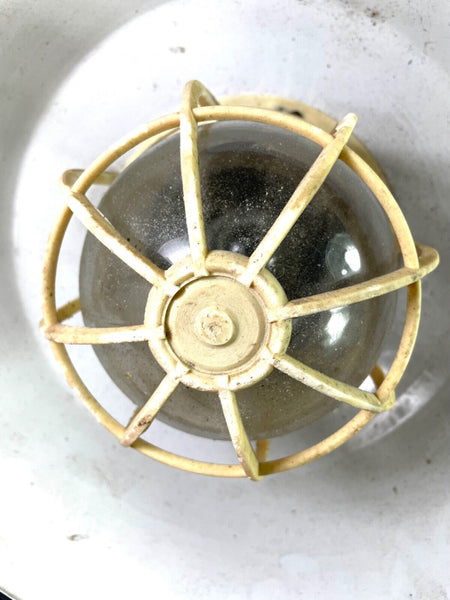 Vintage Hungarian Industrial Enamel Caged Ceiling Pendant Light