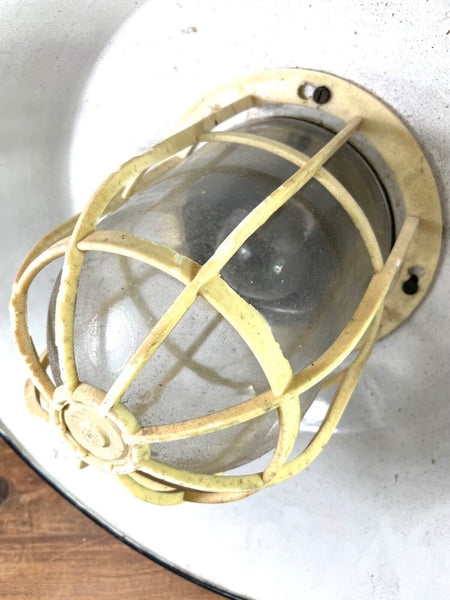 Vintage Hungarian Industrial Enamel Caged Ceiling Pendant Light