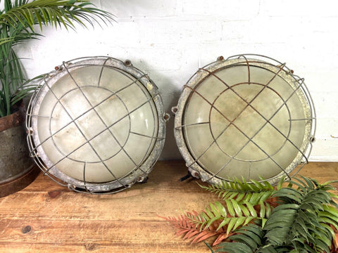 Pair Vintage Hungarian Industrial Caged Bulkhead Wall Ceiling Lights Lamps
