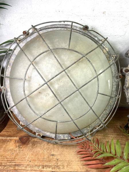 Pair Vintage Hungarian Industrial Caged Bulkhead Wall Ceiling Lights Lamps