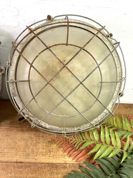 Pair Vintage Hungarian Industrial Caged Bulkhead Wall Ceiling Lights Lamps