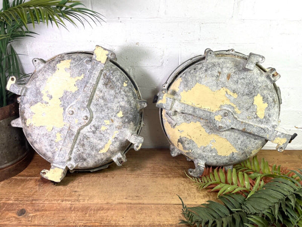 Pair Vintage Hungarian Industrial Caged Bulkhead Wall Ceiling Lights Lamps
