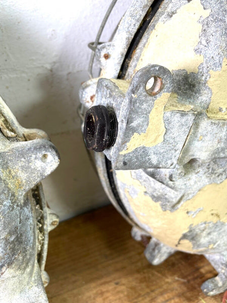 Pair Vintage Hungarian Industrial Caged Bulkhead Wall Ceiling Lights Lamps