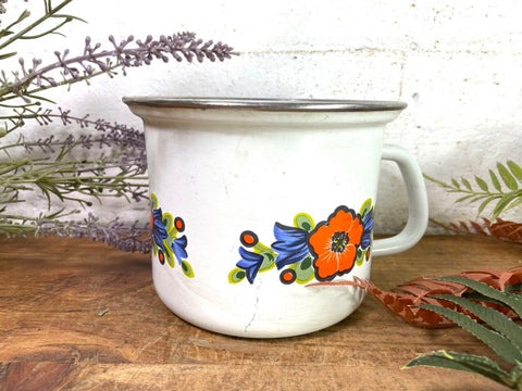 Vintage French White/floral Enamel Cooking Pot Tub Garden Flower Herb Planter