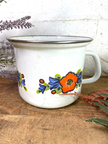 Vintage French White/floral Enamel Cooking Pot Tub Garden Flower Herb Planter