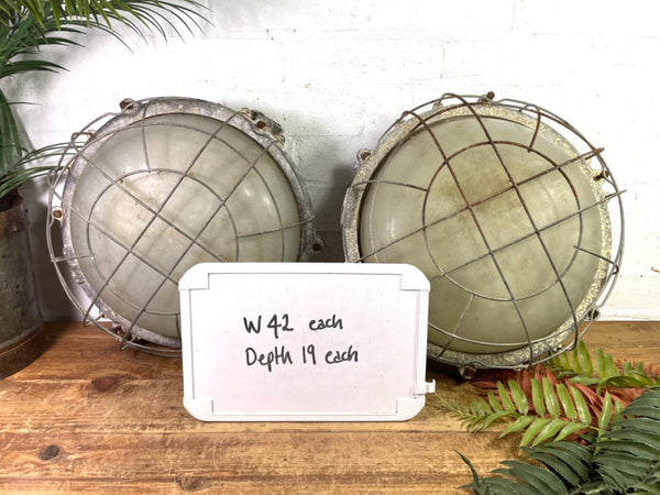 Pair Vintage Hungarian Industrial Caged Bulkhead Wall Ceiling Lights Lamps