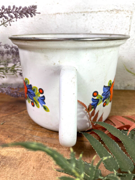 Vintage French White/floral Enamel Cooking Pot Tub Garden Flower Herb Planter
