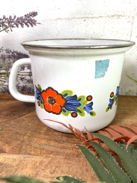 Vintage French White/floral Enamel Cooking Pot Tub Garden Flower Herb Planter