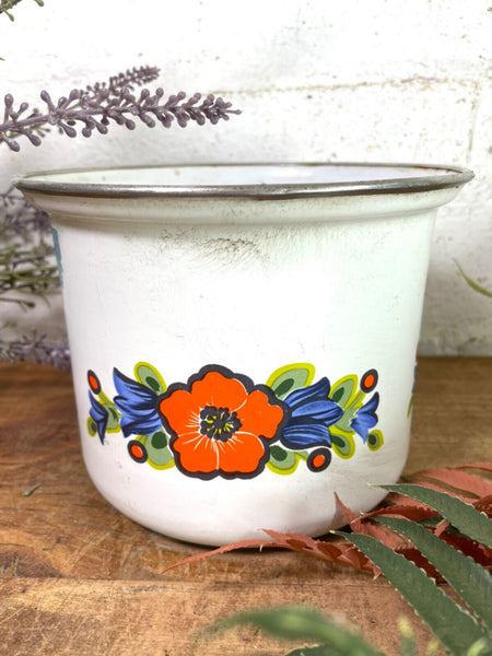 Vintage French White/floral Enamel Cooking Pot Tub Garden Flower Herb Planter