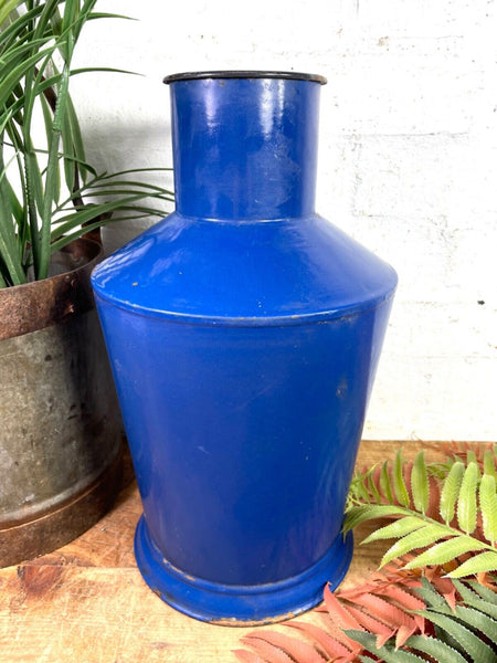 Vintage French Blue Enamel Metal Milk Water Churn Planter Vase Flower Display