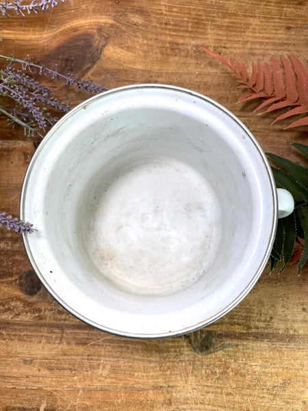Vintage French White/floral Enamel Cooking Pot Tub Garden Flower Herb Planter