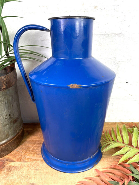 Vintage French Blue Enamel Metal Milk Water Churn Planter Vase Flower Display