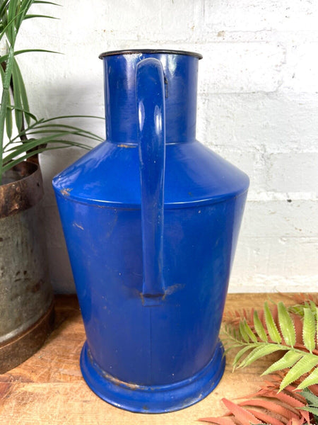 Vintage French Blue Enamel Metal Milk Water Churn Planter Vase Flower Display
