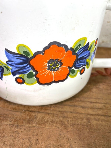 Vintage French White/floral Enamel Cooking Pot Tub Garden Flower Herb Planter