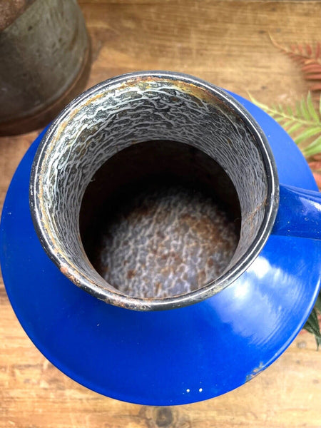 Vintage French Blue Enamel Metal Milk Water Churn Planter Vase Flower Display