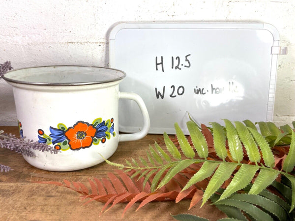 Vintage French White/floral Enamel Cooking Pot Tub Garden Flower Herb Planter