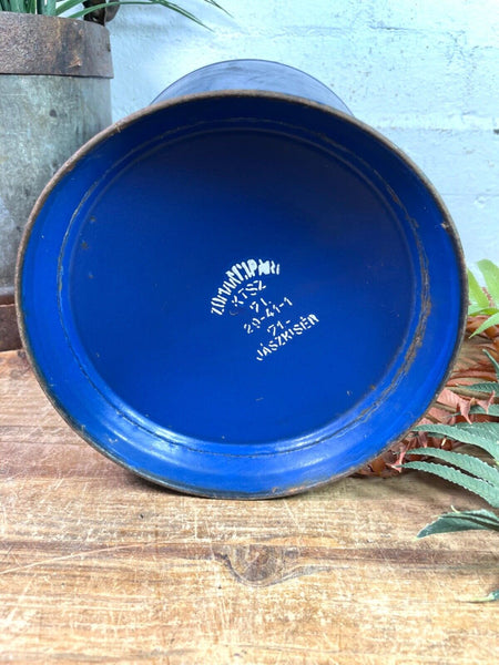 Vintage French Blue Enamel Metal Milk Water Churn Planter Vase Flower Display