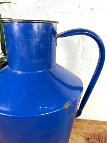 Vintage French Blue Enamel Metal Milk Water Churn Planter Vase Flower Display