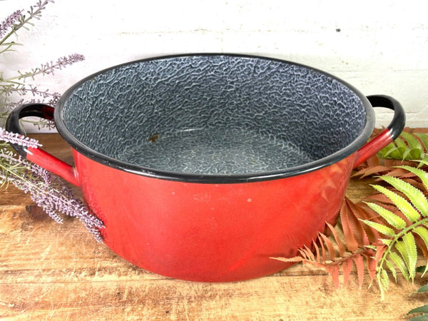 Vintage French Red Enamel Cooking Pot Tub Garden Flower Herb Planter