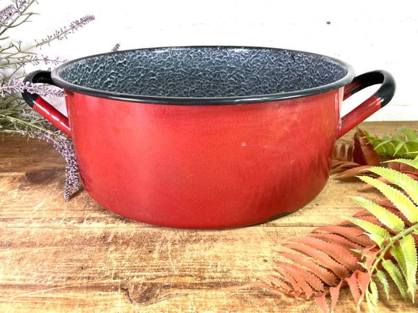 Vintage French Red Enamel Cooking Pot Tub Garden Flower Herb Planter