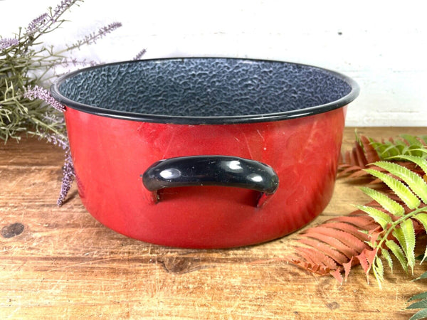 Vintage French Red Enamel Cooking Pot Tub Garden Flower Herb Planter