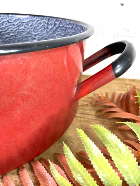Vintage French Red Enamel Cooking Pot Tub Garden Flower Herb Planter