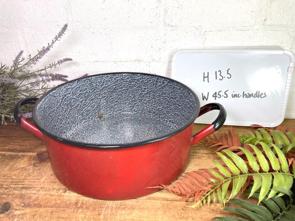 Vintage French Red Enamel Cooking Pot Tub Garden Flower Herb Planter