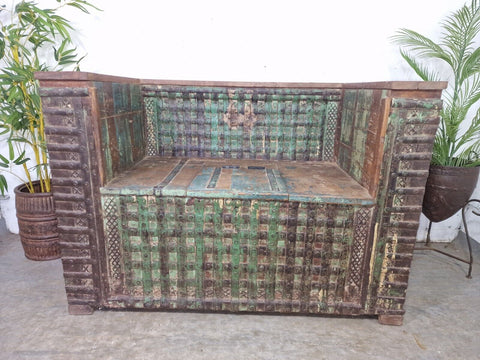 Vintage Reclaimed Indian Wooden Banded Dowry Chest Storage Bench Settle