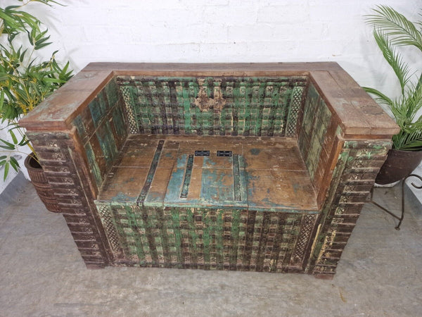 Vintage Reclaimed Indian Wooden Banded Dowry Chest Storage Bench Settle