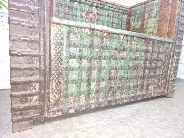 Vintage Reclaimed Indian Wooden Banded Dowry Chest Storage Bench Settle