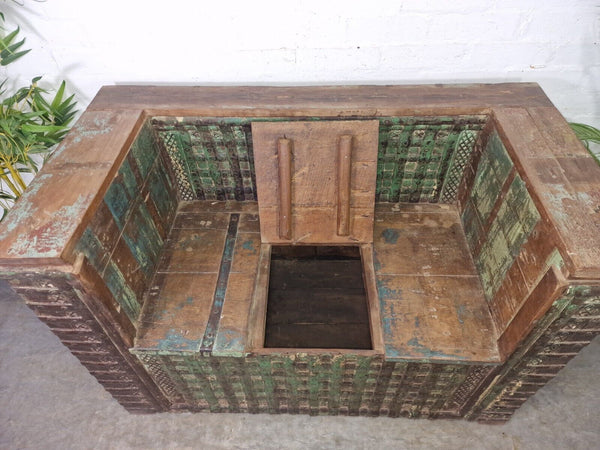 Vintage Reclaimed Indian Wooden Banded Dowry Chest Storage Bench Settle