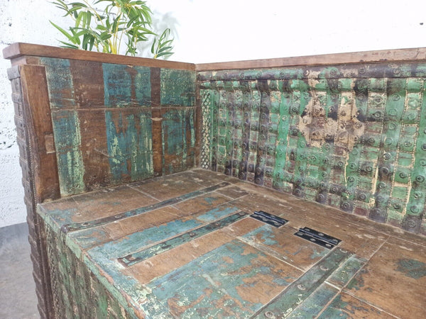 Vintage Reclaimed Indian Wooden Banded Dowry Chest Storage Bench Settle