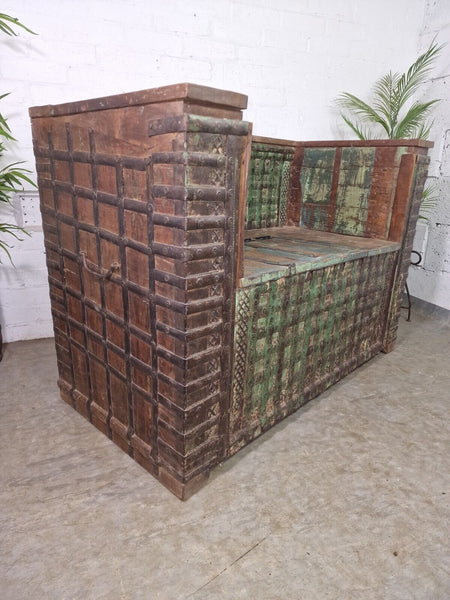 Vintage Reclaimed Indian Wooden Banded Dowry Chest Storage Bench Settle