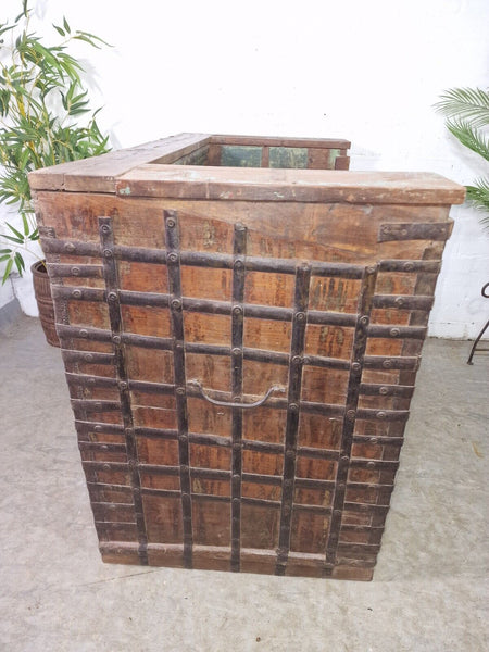 Vintage Reclaimed Indian Wooden Banded Dowry Chest Storage Bench Settle