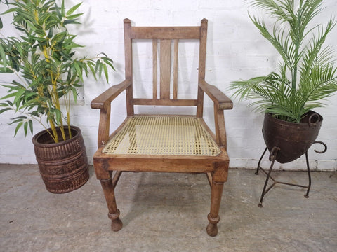 Antique Anglo Indian Colonial Teak Woven Armchair Carver Writing Fireside Chair