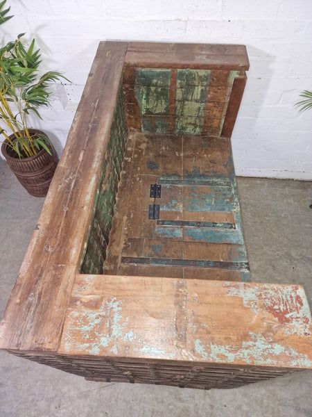 Vintage Reclaimed Indian Wooden Banded Dowry Chest Storage Bench Settle