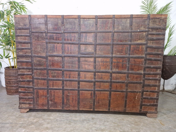 Vintage Reclaimed Indian Wooden Banded Dowry Chest Storage Bench Settle