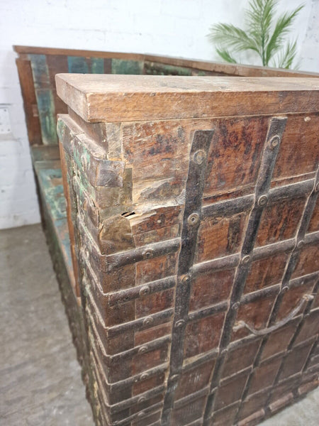 Vintage Reclaimed Indian Wooden Banded Dowry Chest Storage Bench Settle