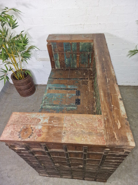 Vintage Reclaimed Indian Wooden Banded Dowry Chest Storage Bench Settle