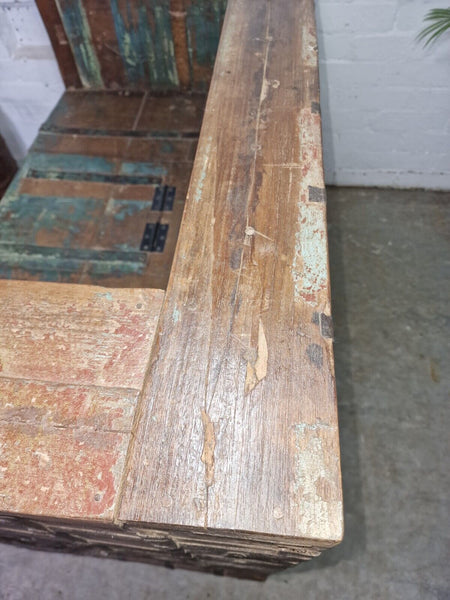 Vintage Reclaimed Indian Wooden Banded Dowry Chest Storage Bench Settle