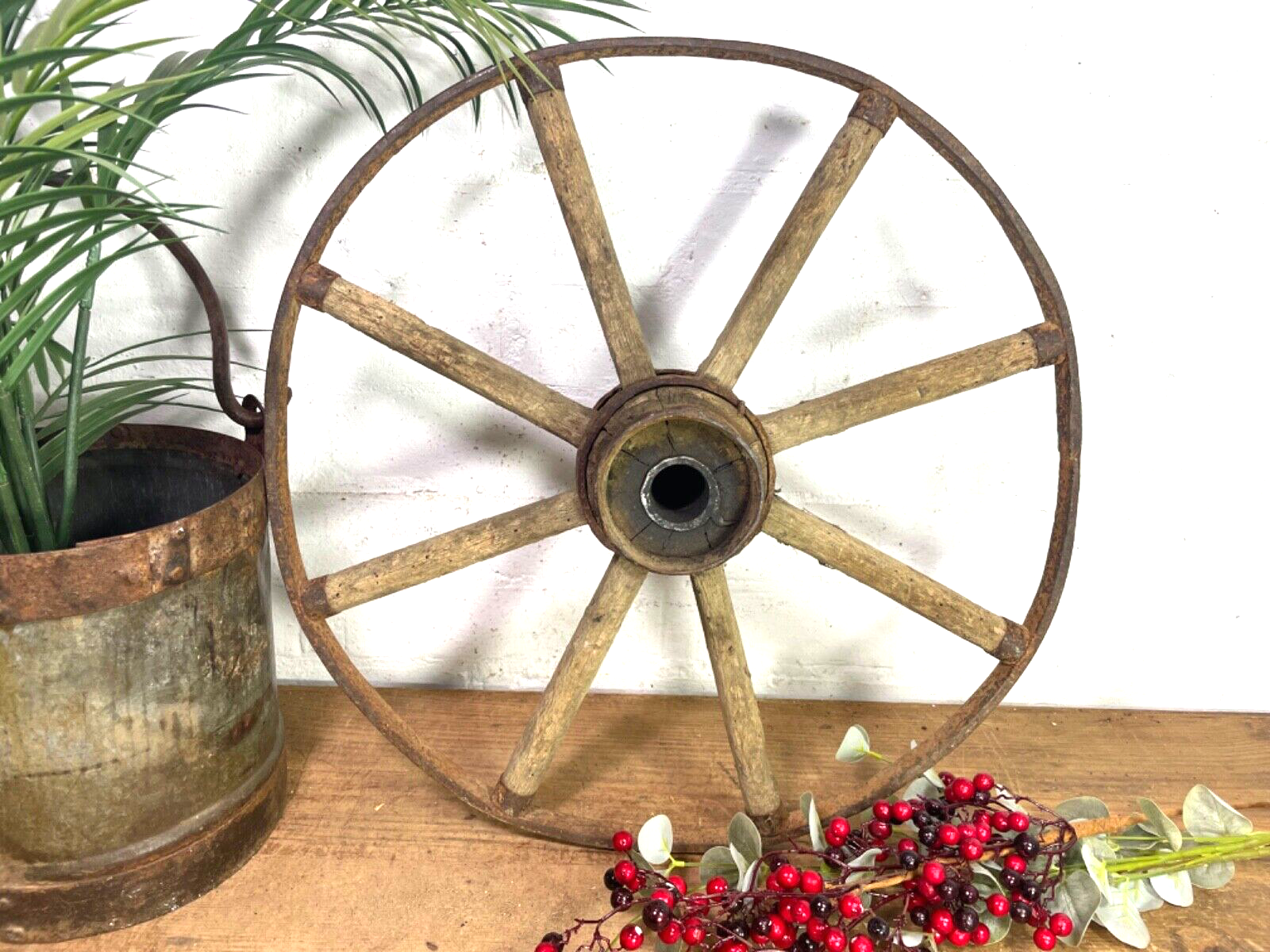 Vintage Antique French Rustic Wooden Iron Wagon Cart Wheel Home Garden Decor