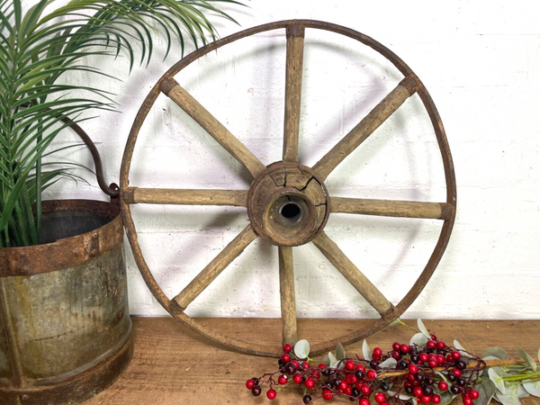Vintage Antique French Rustic Wooden Iron Wagon Cart Wheel Home Garden Decor