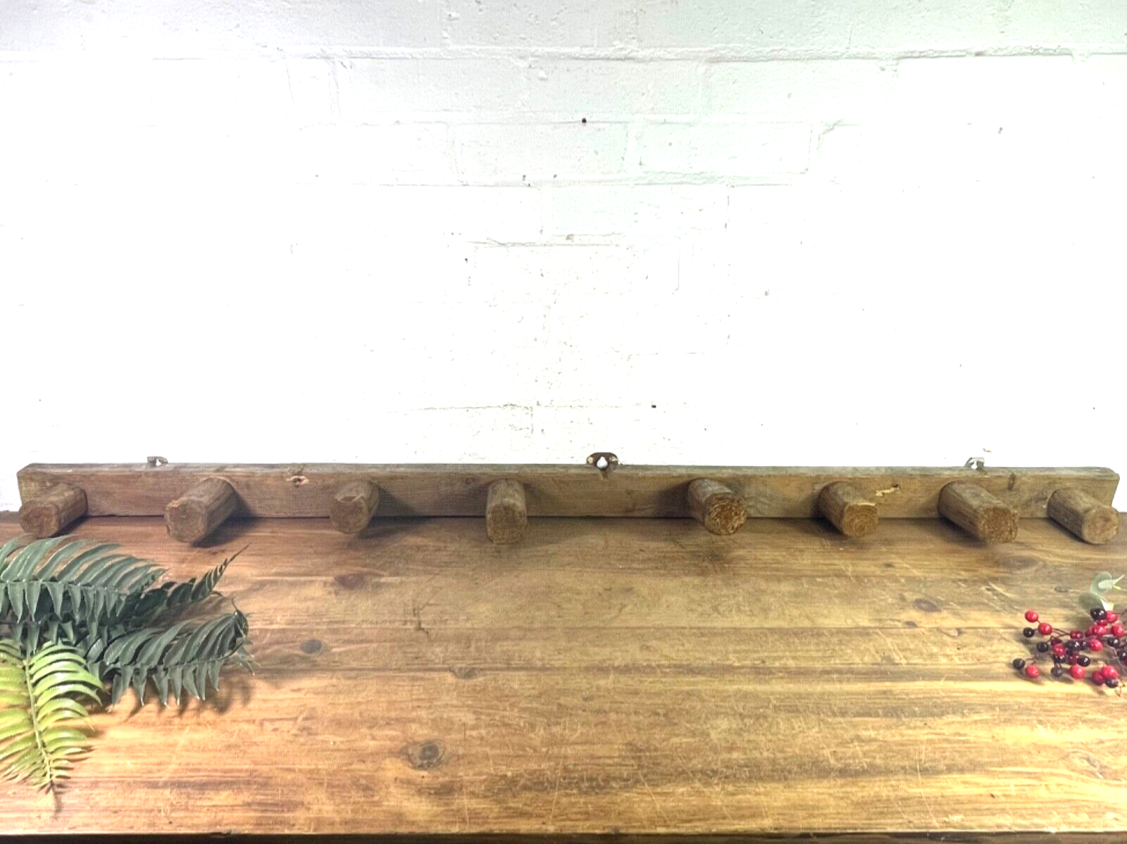 Large Primitive Antique French Farmhouse Rustic Wooden Wall Coat Hooks
