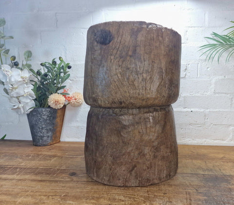Large Vintage Antique Rustic Wabi Sabi Hand Carved Wooden Grinding  Mortar Bowl