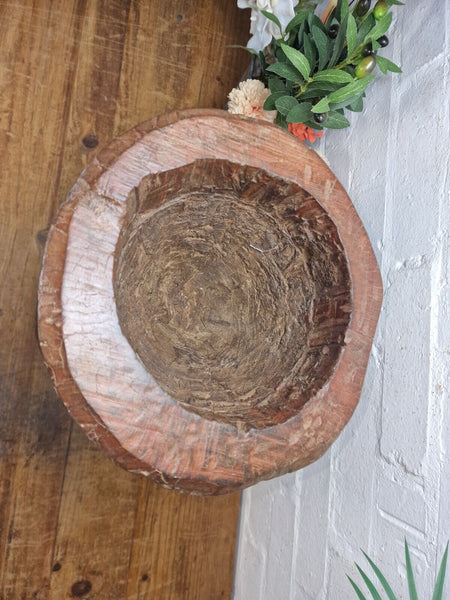 Large Vintage Antique Rustic Wabi Sabi Hand Carved Wooden Grinding  Mortar Bowl
