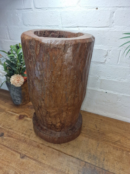 Large Vintage Antique Rustic Wabi Sabi Hand Carved Wooden Grinding  Mortar Bowl