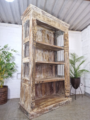 Large Vintage Reclaimed Rustic Indian Carved Solid Wooden Bookcase Shelving Unit