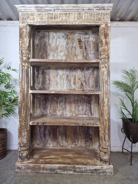 Large Vintage Reclaimed Rustic Indian Carved Solid Wooden Bookcase Shelving Unit